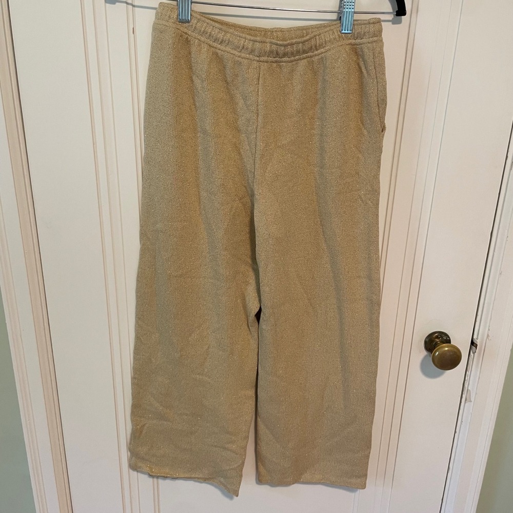 St. John Sport Gold Metallic Knit Wide Leg Cropped Drawstring Lounge Pants - Picture 3 of 3